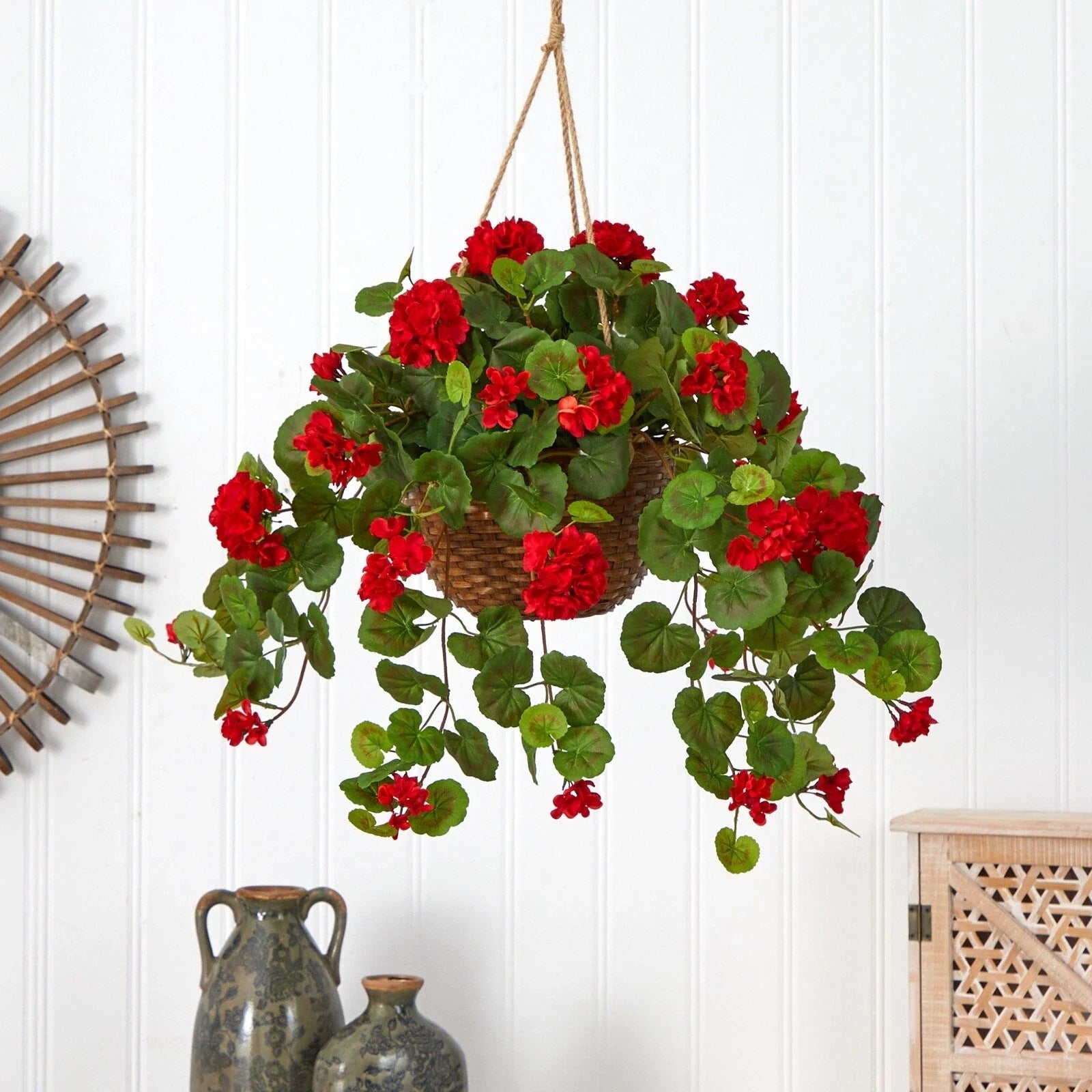 24" Flowering Geranium Artificial Plant Hanging Basket Home Decor.