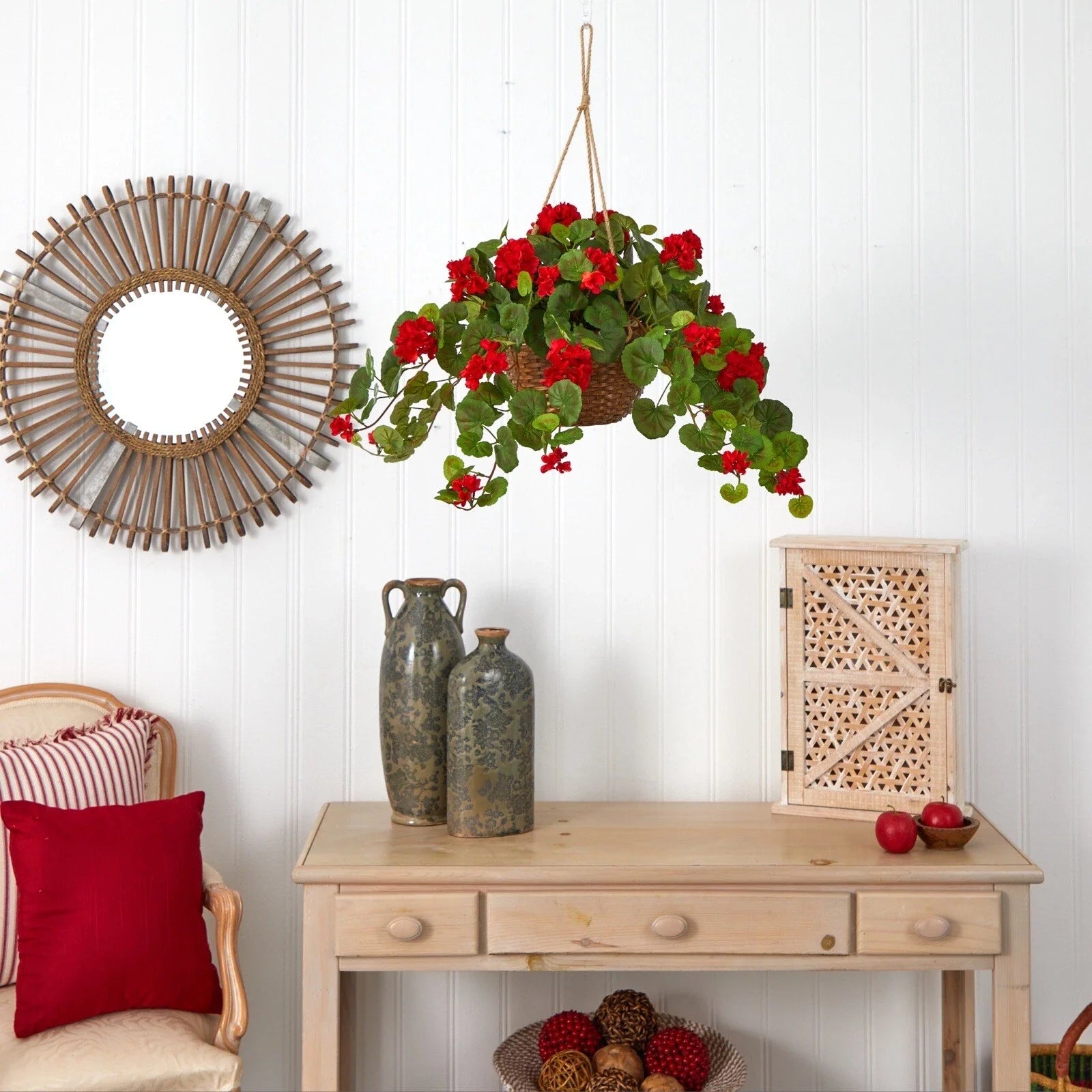 24" Flowering Geranium Artificial Plant Hanging Basket Home Decor.